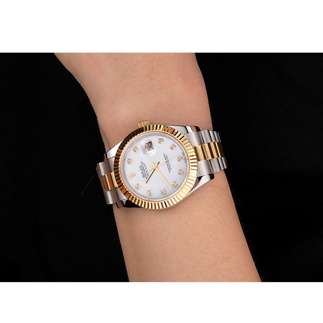 Aaa replica Steel Hour Marks Two Case Gold Bracelet Stainless Tone White Rolex Bezel Swiss Datejust Diamond Dial 0818
